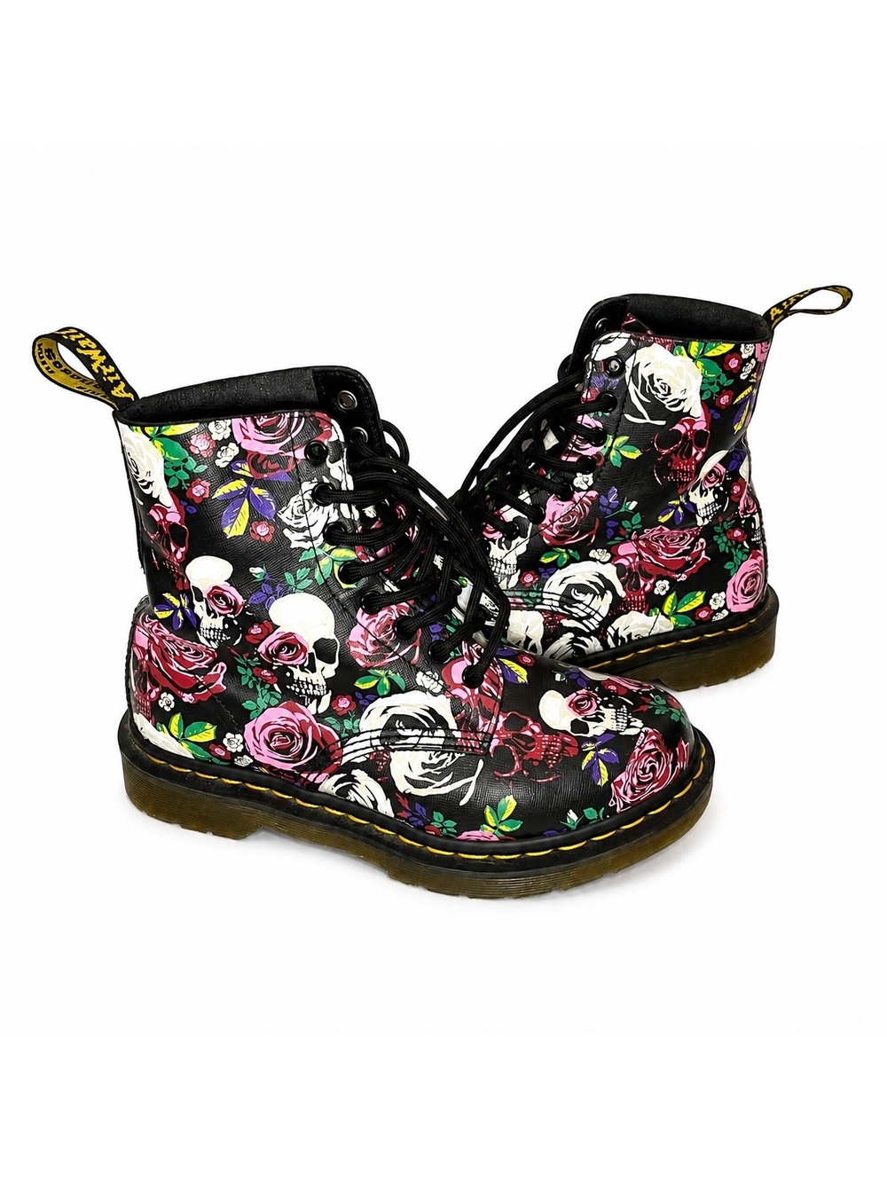 Dr. Martens 1460 Pascal Skull & Rose Floral Print Combat Boots Size 7 Goth